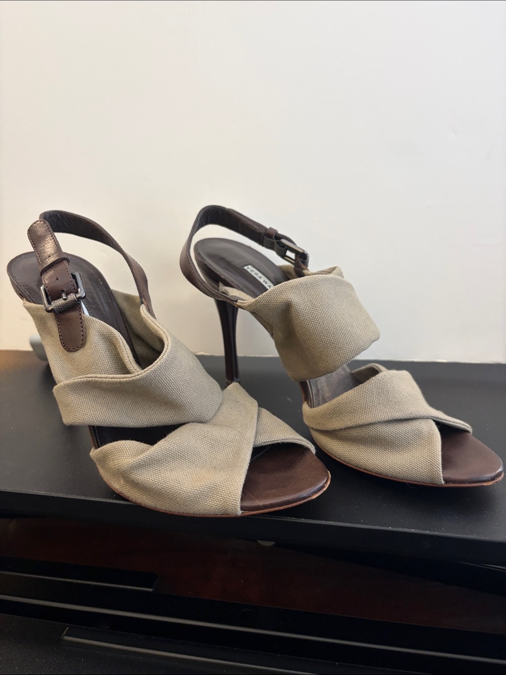 Vera Wang Lavender Label Beige Canvas Twist Slingback Heels with Brown Straps